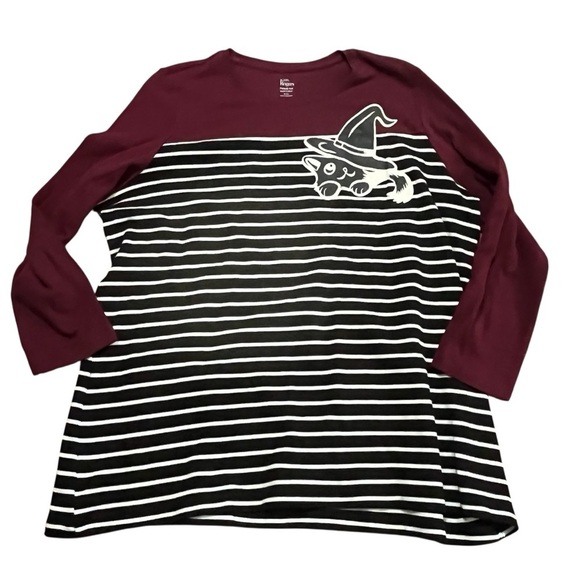 Kim Rogers Tops - Kim Rogers Maroon and Black Striped Witch Cat Long Sleeve Tee Size XXL Halloween